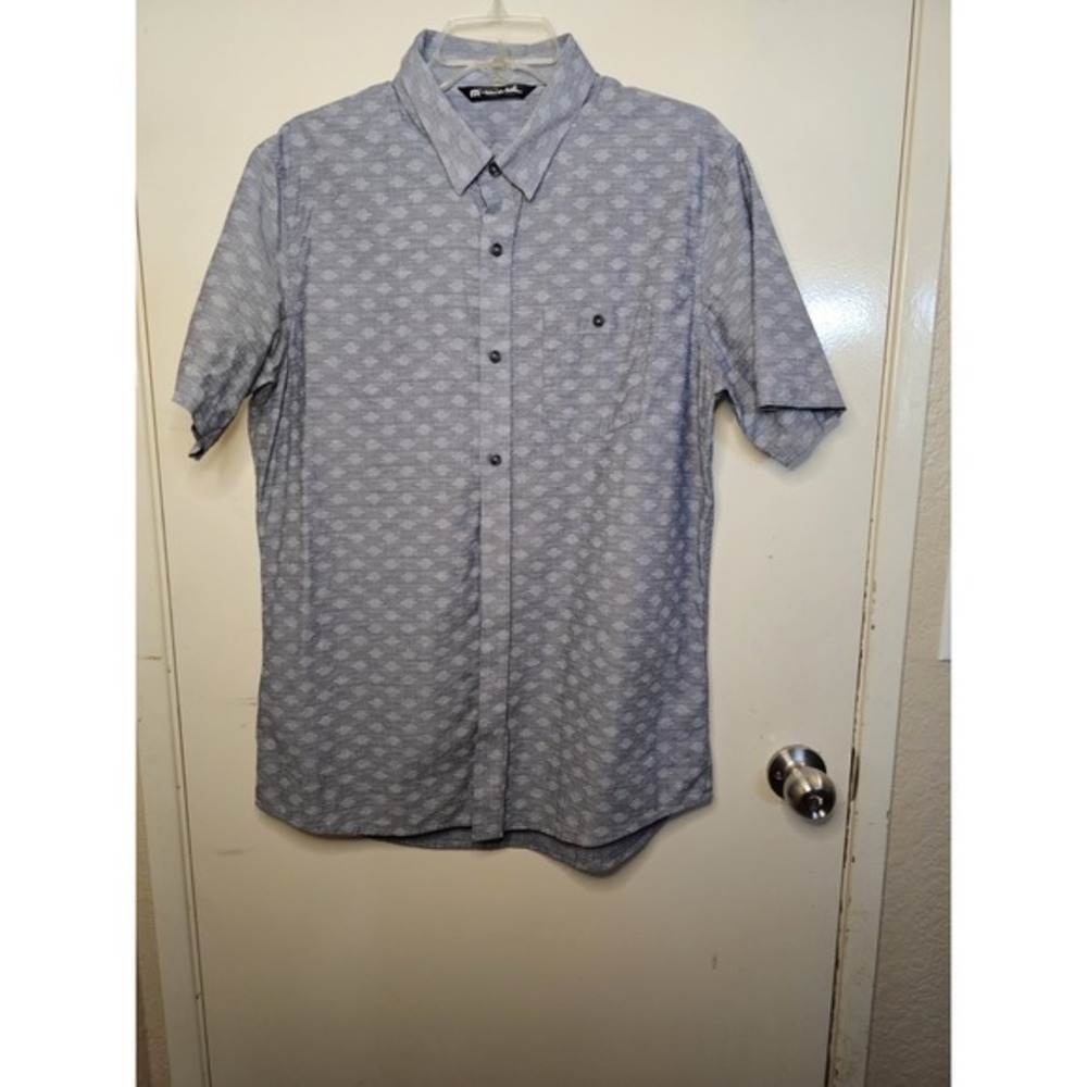 Travis Mathew Men's Gray Diamond Pattern Button Up Golf Short Sleeve‎ Shirt